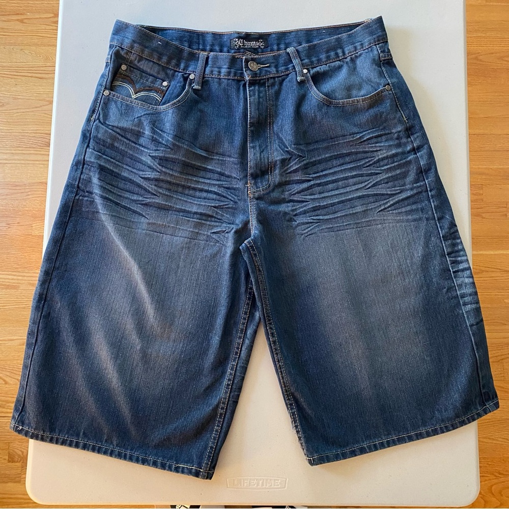 Chams Premium Denim Baggy Y2K Hip Hop Shorts Blue 100% Cotton Men’s 38 Waist